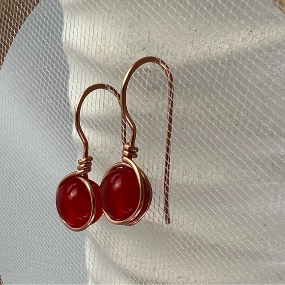 Red Jade and Copper Wire Wrapped Minimalist Earrings - Picture 5 of 13